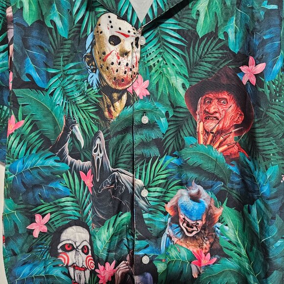 Horror Themed Hawaiian Shirt Mens Size Medium Classic Movie Villains Print Green - Picture 3 of 5